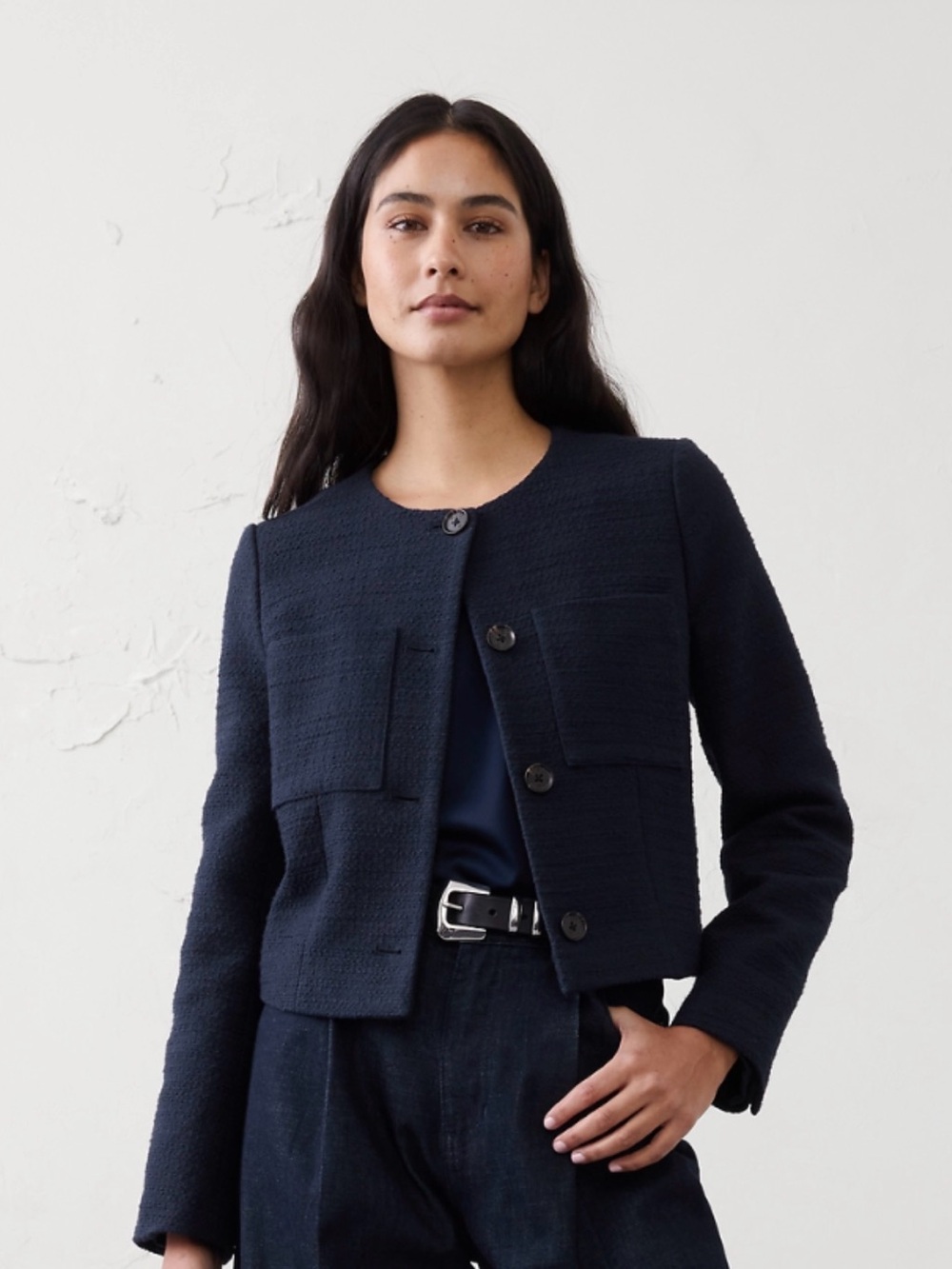 Banana Republic Navy Cropped Textured Blazer